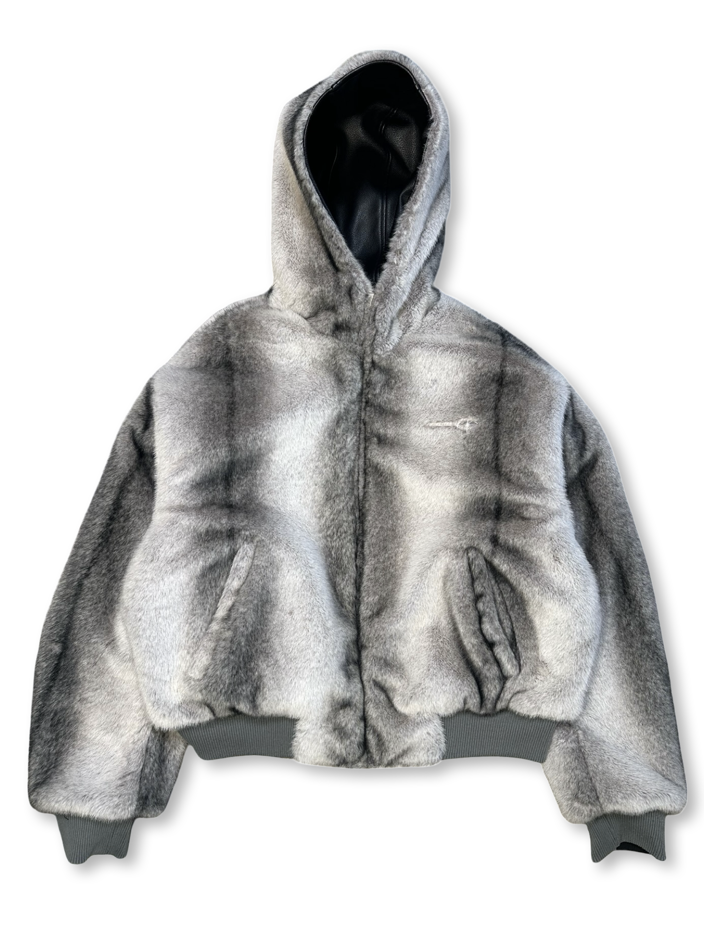 Reversible cropped Hi-NRG fur/pleður bomberjakki M